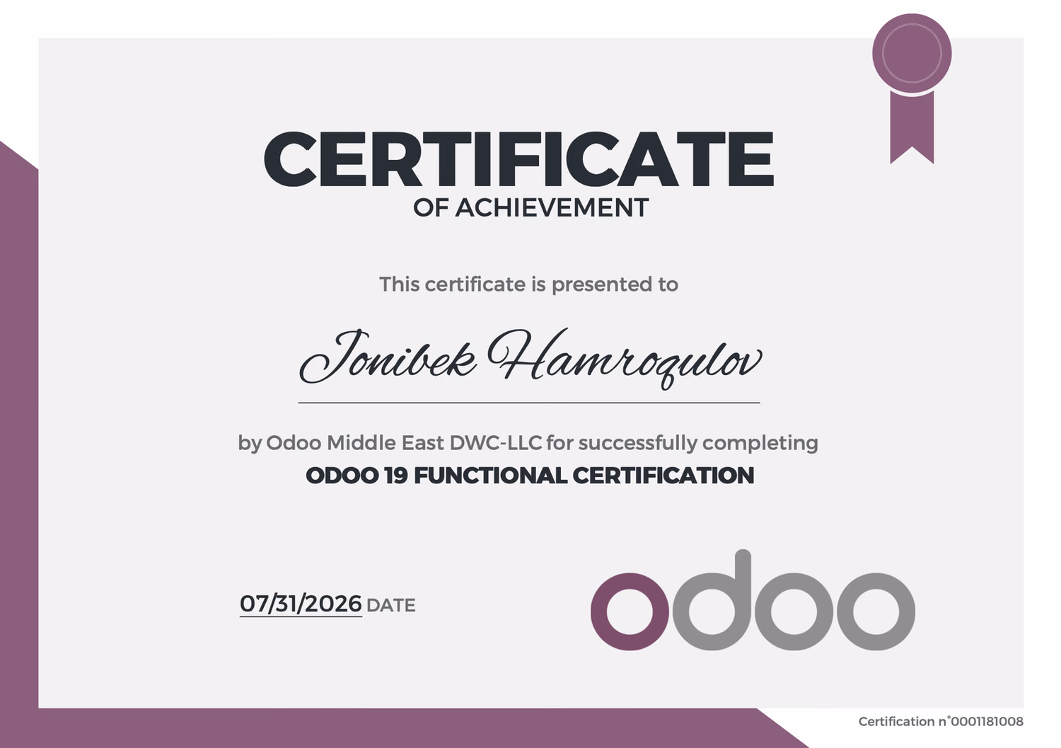 Сертификат Odoo 19 Functional Жонибека Хамрокулова