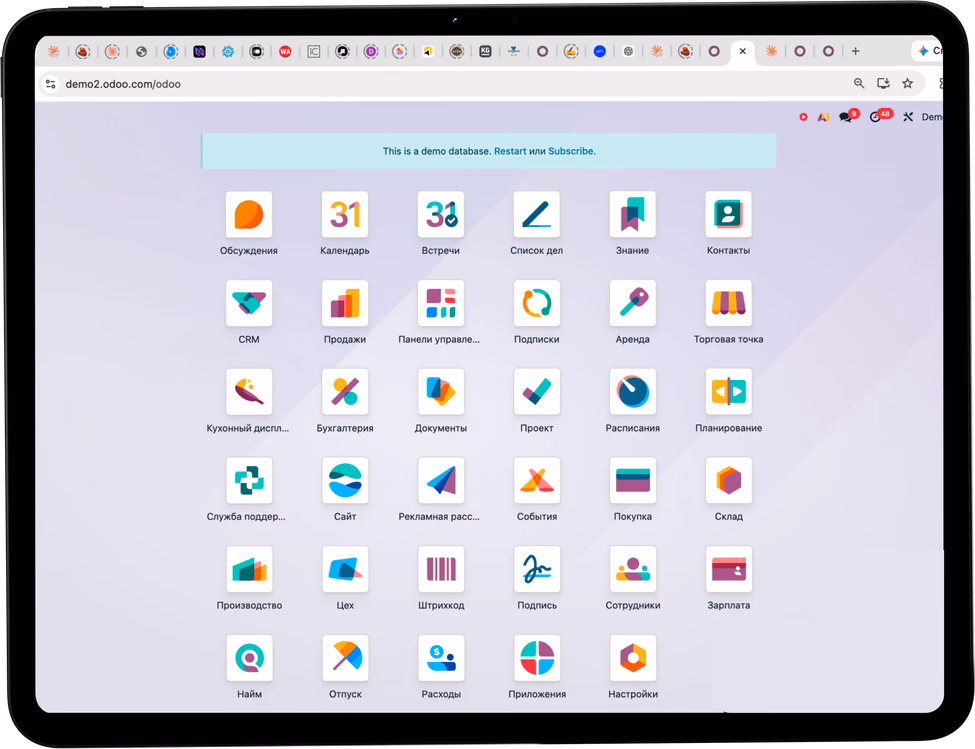 Odoo open on a tablet: CRM, sales, inventory, accounting and the other departments on one screen